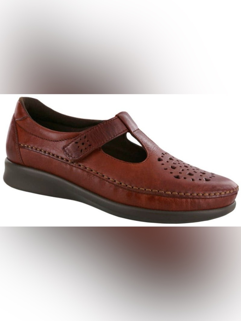 SAS Willow Brown Leather T-Strap Loafers Comfort Shoe Walking Cushion Women 7.5